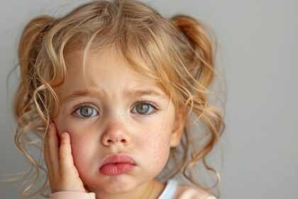 gengivite nei bambini, bambina si tocca guancia